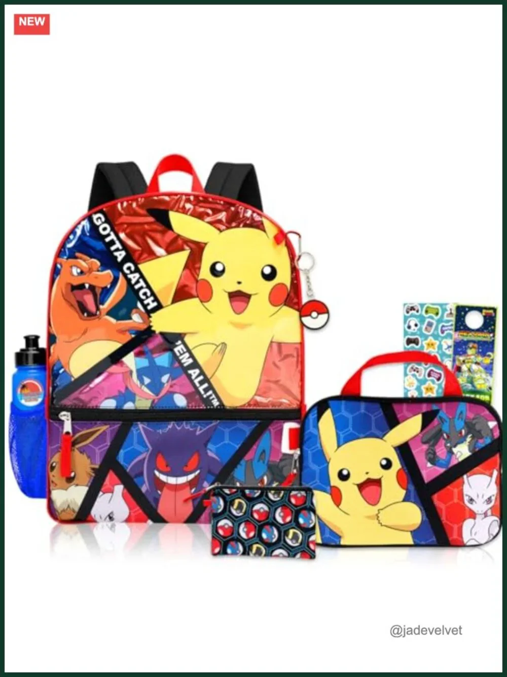 Pokemon Backpack Set with Snack Bag, Pencil Case, Water Bottle for Kids